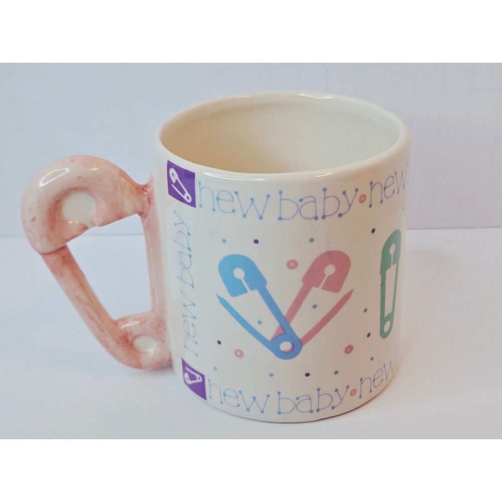 Russ Berrie New Baby Coffee Mug Safety Pin Pastel Pink Handle Vintage 12473